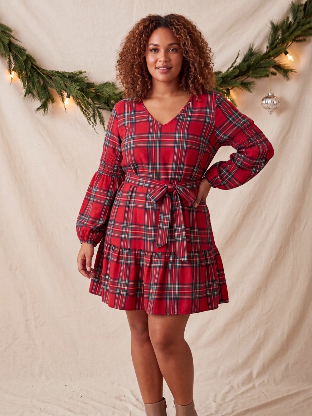 Red Plaid Long Sleeve Tie-Waist Dress Size L